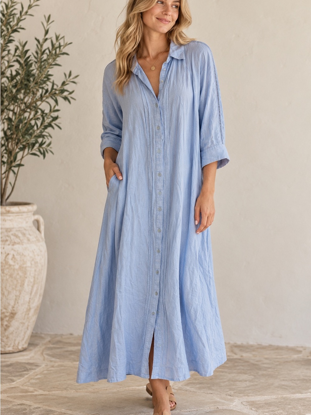 Calypso St. Barth Soft Blue Linen Button-Down Maxi